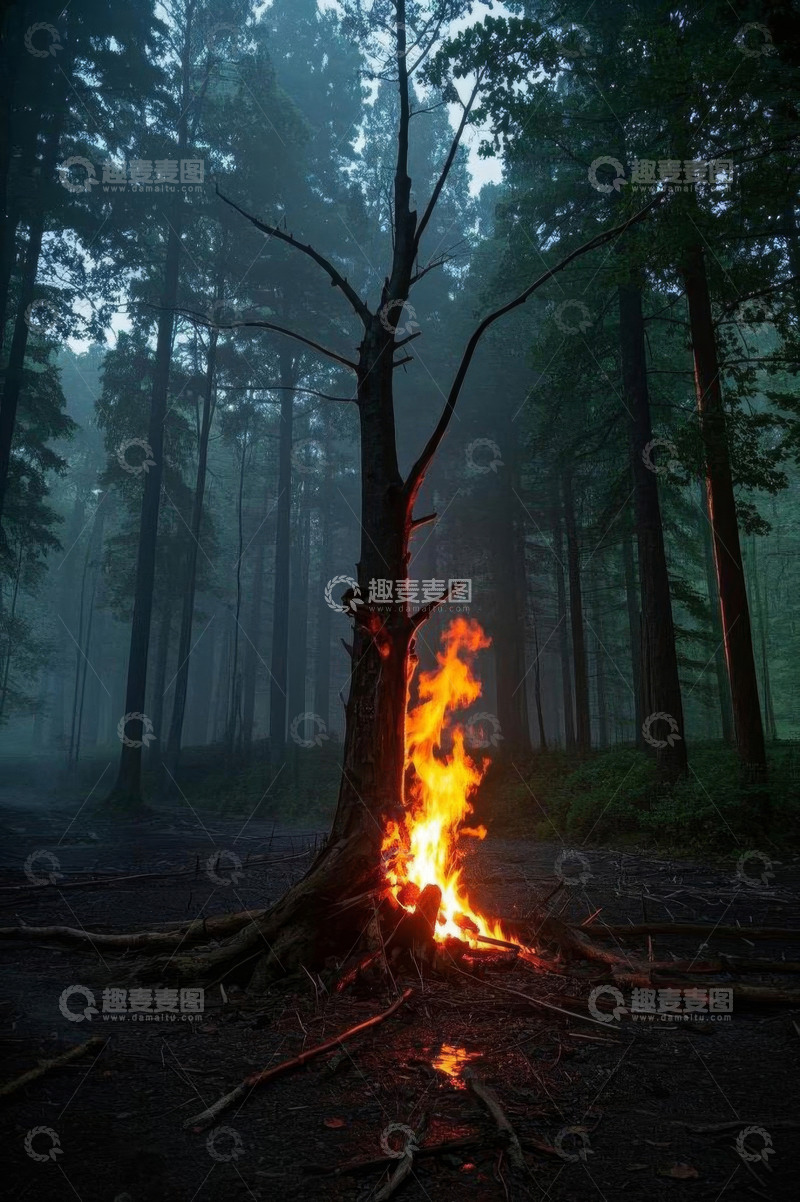 高清大图下载【趣麦麦图】森林中燃烧的枯树火焰景象