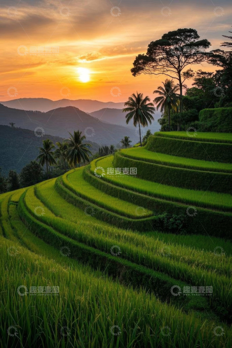 高清大图下载【趣麦麦图】夕阳下的梯田与山林景观