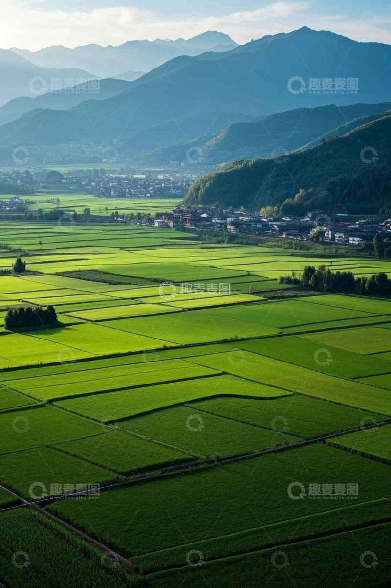 高清大图下载【趣麦麦图】俯瞰绿色稻田与远山村落