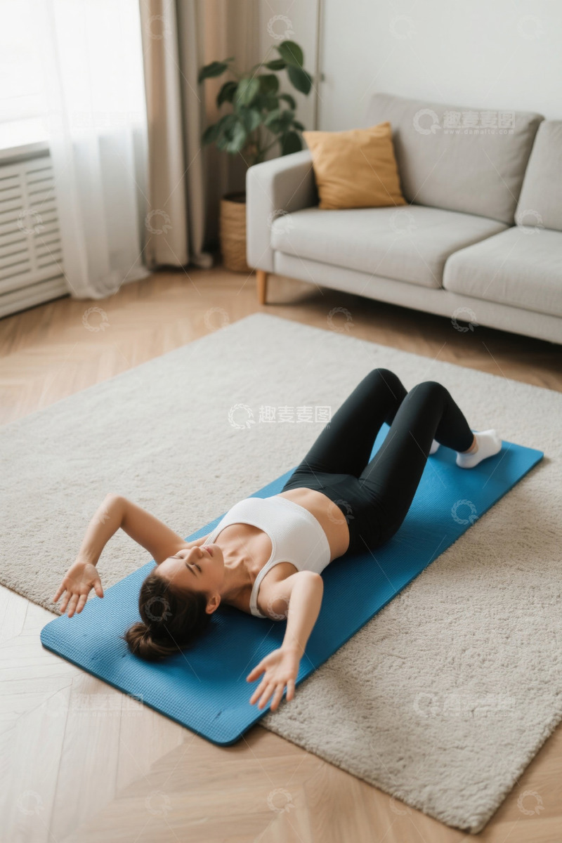 高清大图下载【趣麦麦图】年轻女子在家中瑜伽垫上做运动