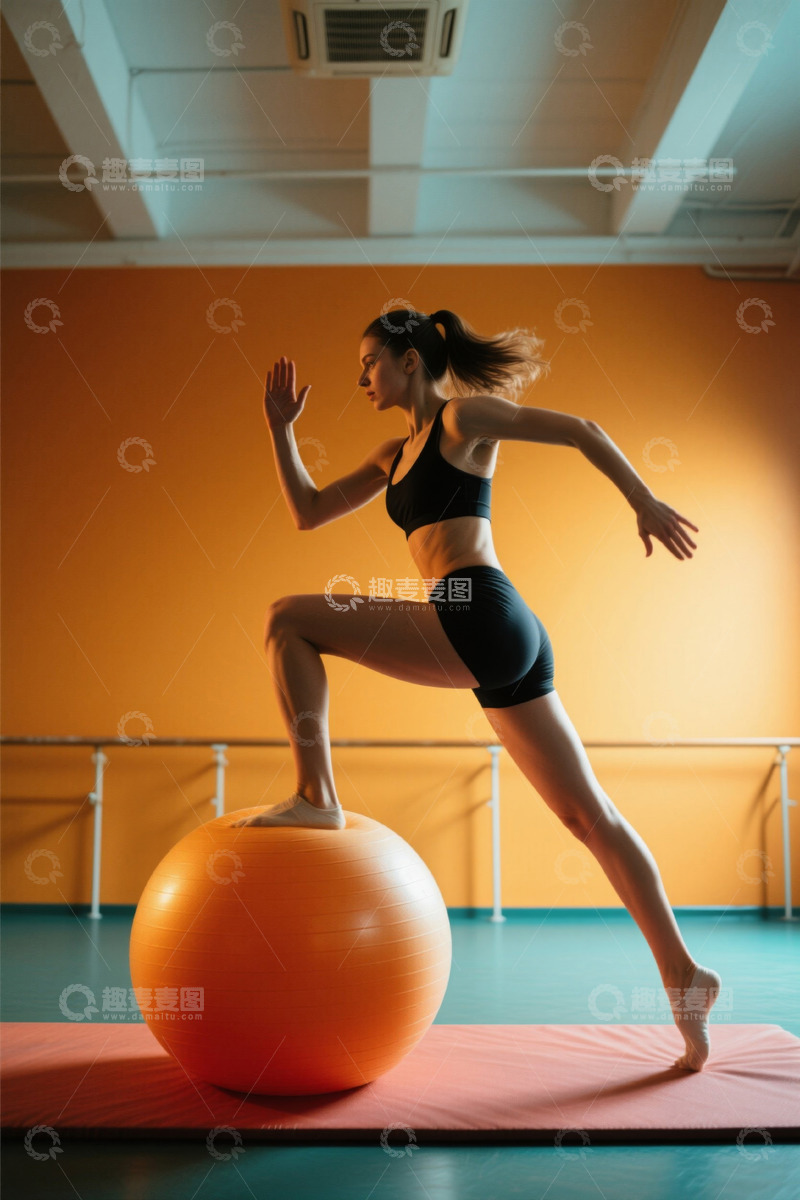 高清大图下载【趣麦麦图】女子在健身房平衡球上练习瑜伽