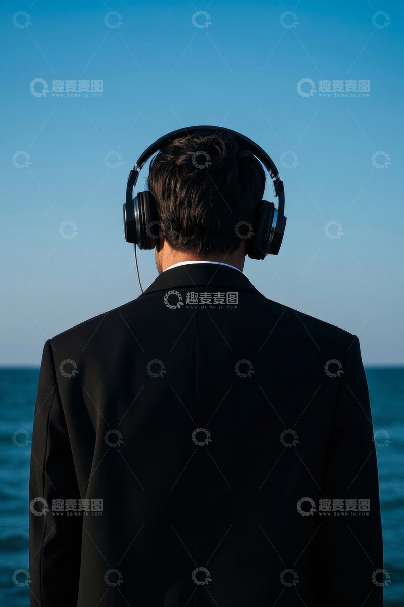 高清大图下载【趣麦麦图】黑衣男子海边戴耳机听歌