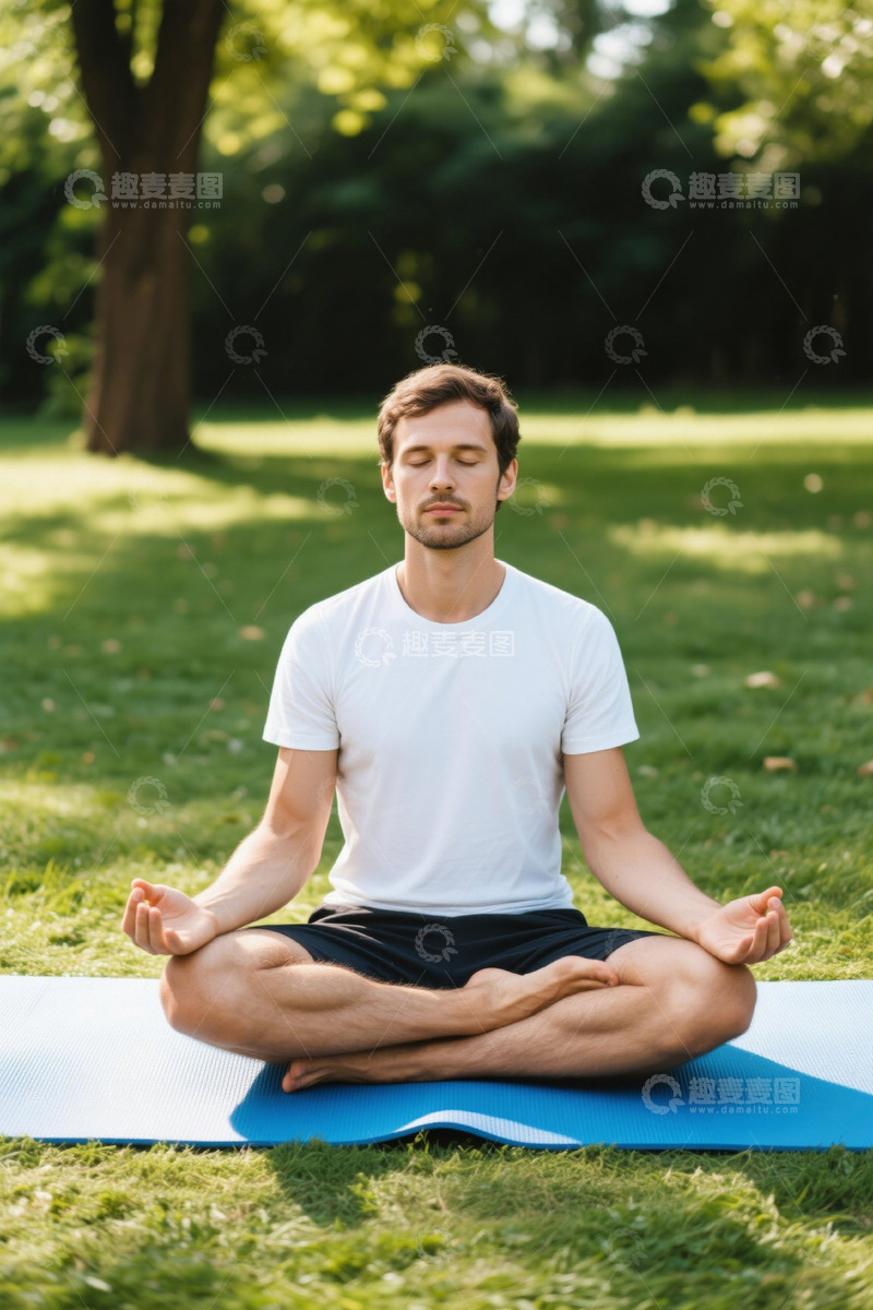 高清大图下载【趣麦麦图】阳光下公园里打坐冥想的年轻男子