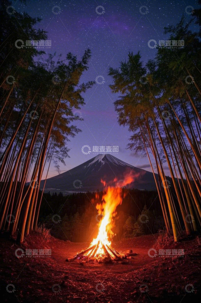 高清大图下载【趣麦麦图】富士山下竹林篝火星空夜景