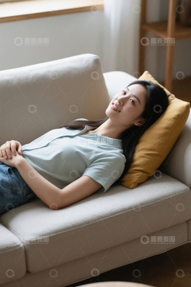 高清大图下载【趣麦麦图】女子舒适地躺在沙发上休息