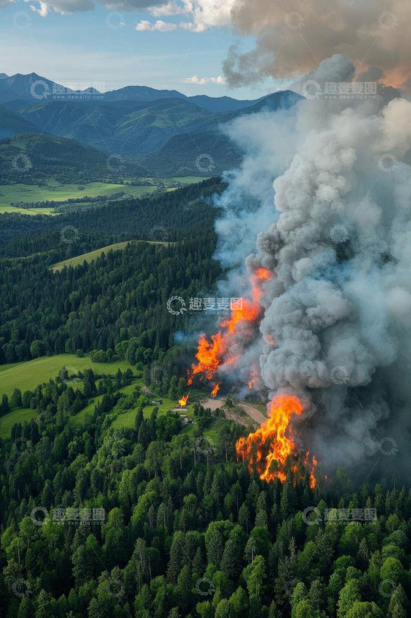 高清大图下载【趣麦麦图】森林火灾航拍全景