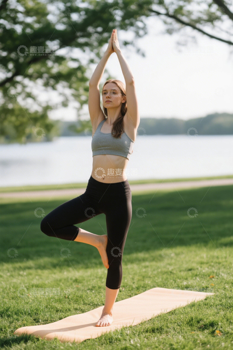 高清大图下载【趣麦麦图】瑜伽女孩公园树式练习