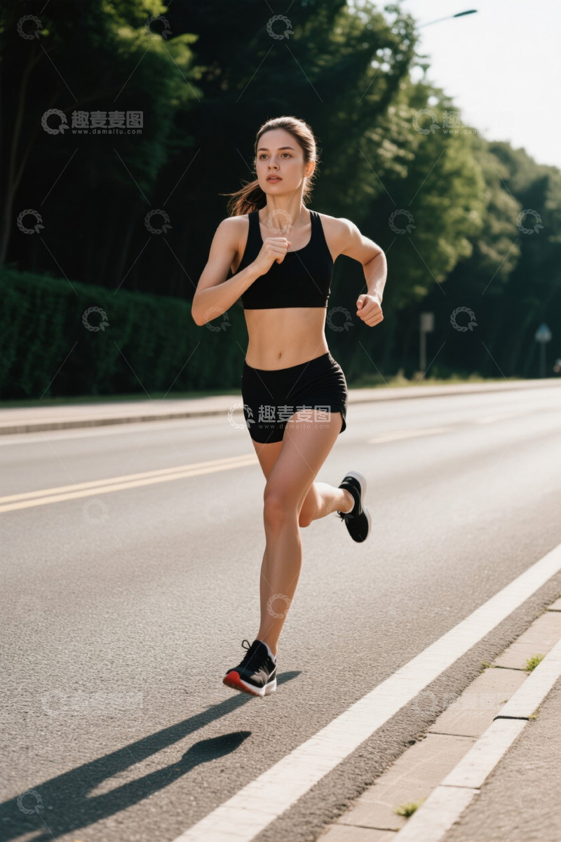 高清大图下载【趣麦麦图】女子在道路上跑步运动