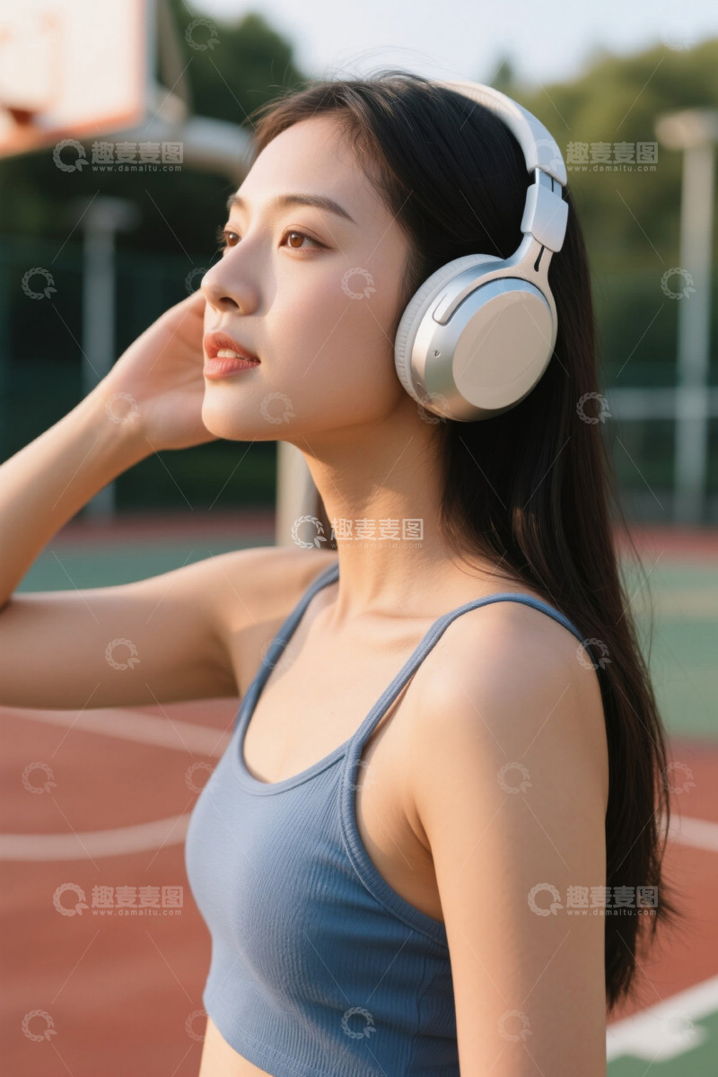 高清大图下载【趣麦麦图】阳光下戴耳机运动的年轻女子