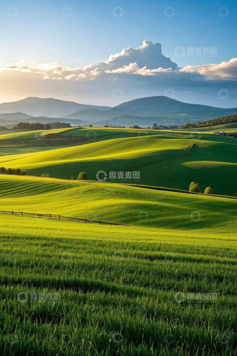 高清大图下载【趣麦麦图】广袤绿色田野与远山景观