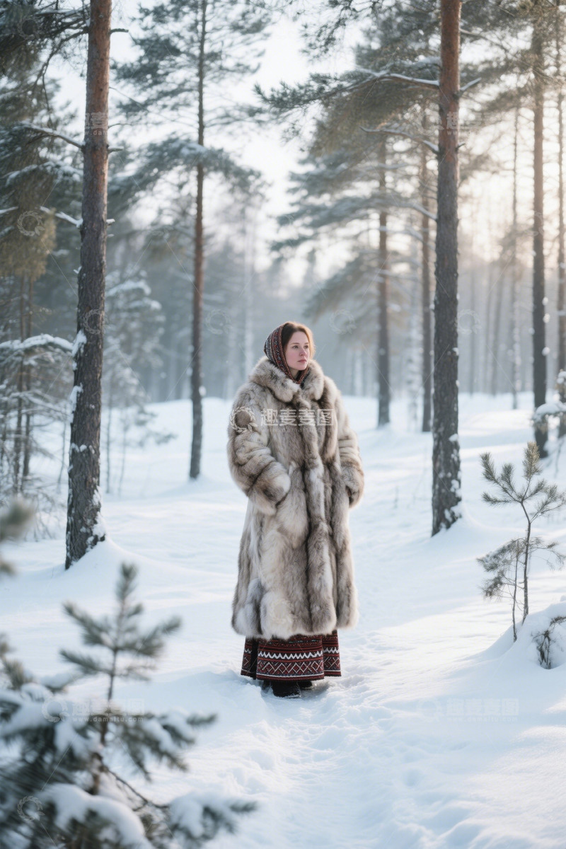 高清大图下载【趣麦麦图】冬日森林里穿着皮草的女人