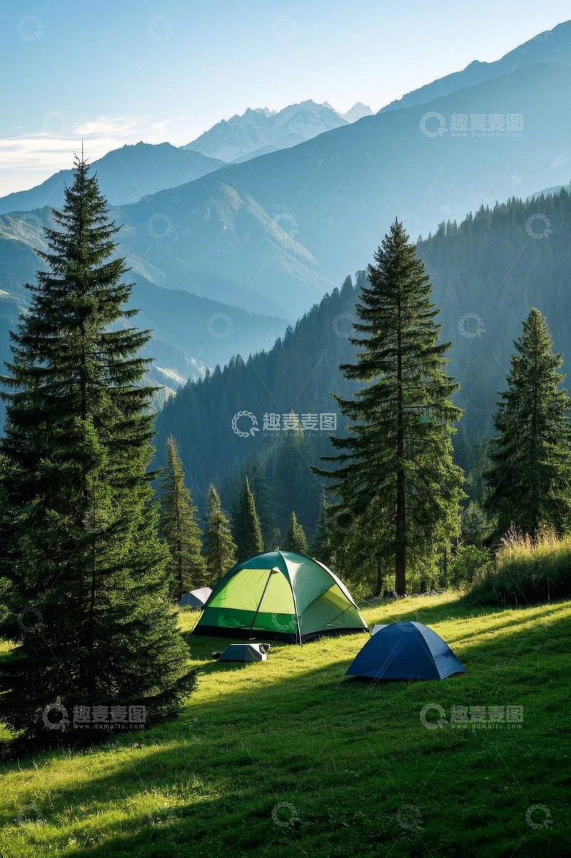 高清大图下载【趣麦麦图】山间草地露营帐篷风景