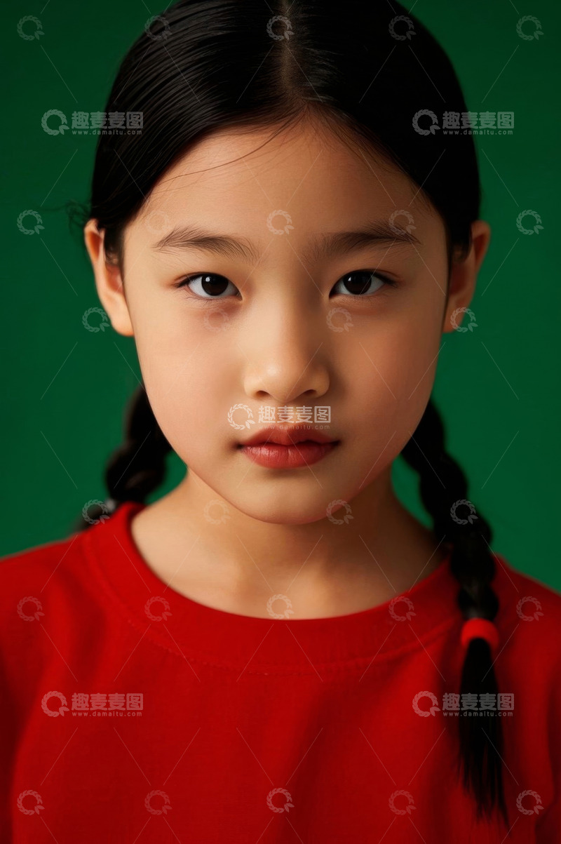 高清大图下载【趣麦麦图】红衣女孩肖像绿色背景