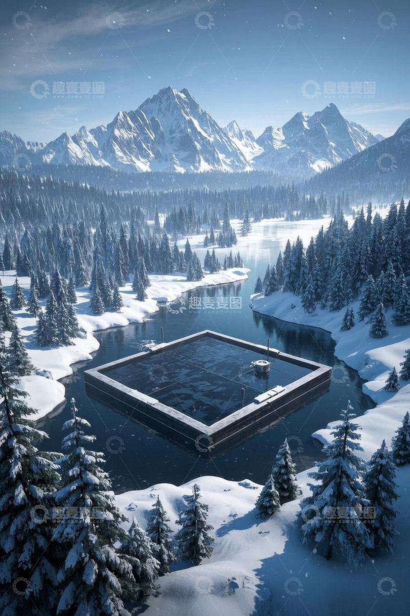 高清大图下载【趣麦麦图】雪山森林间的方形水体景观