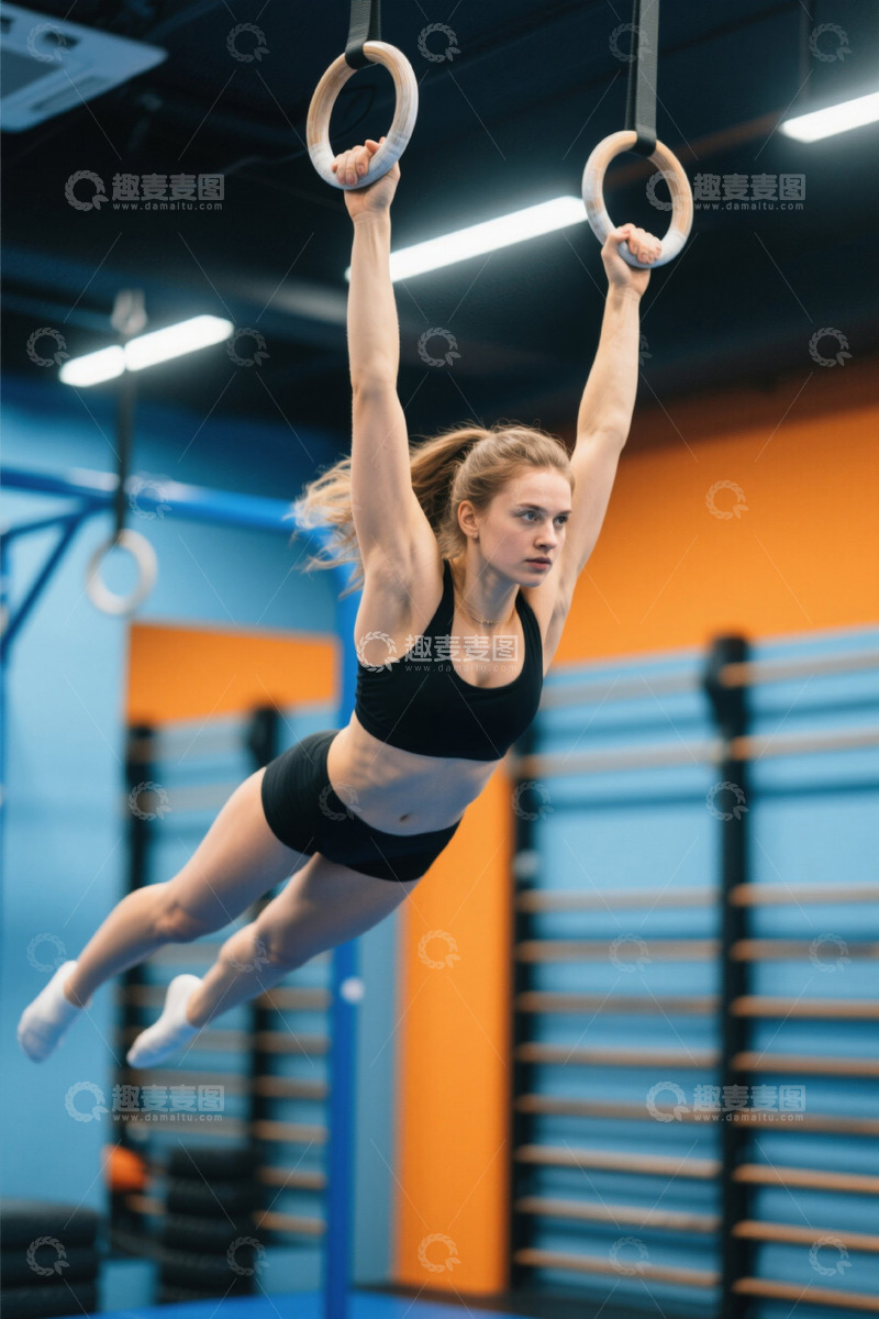 高清大图下载【趣麦麦图】女子在健身房吊环上训练