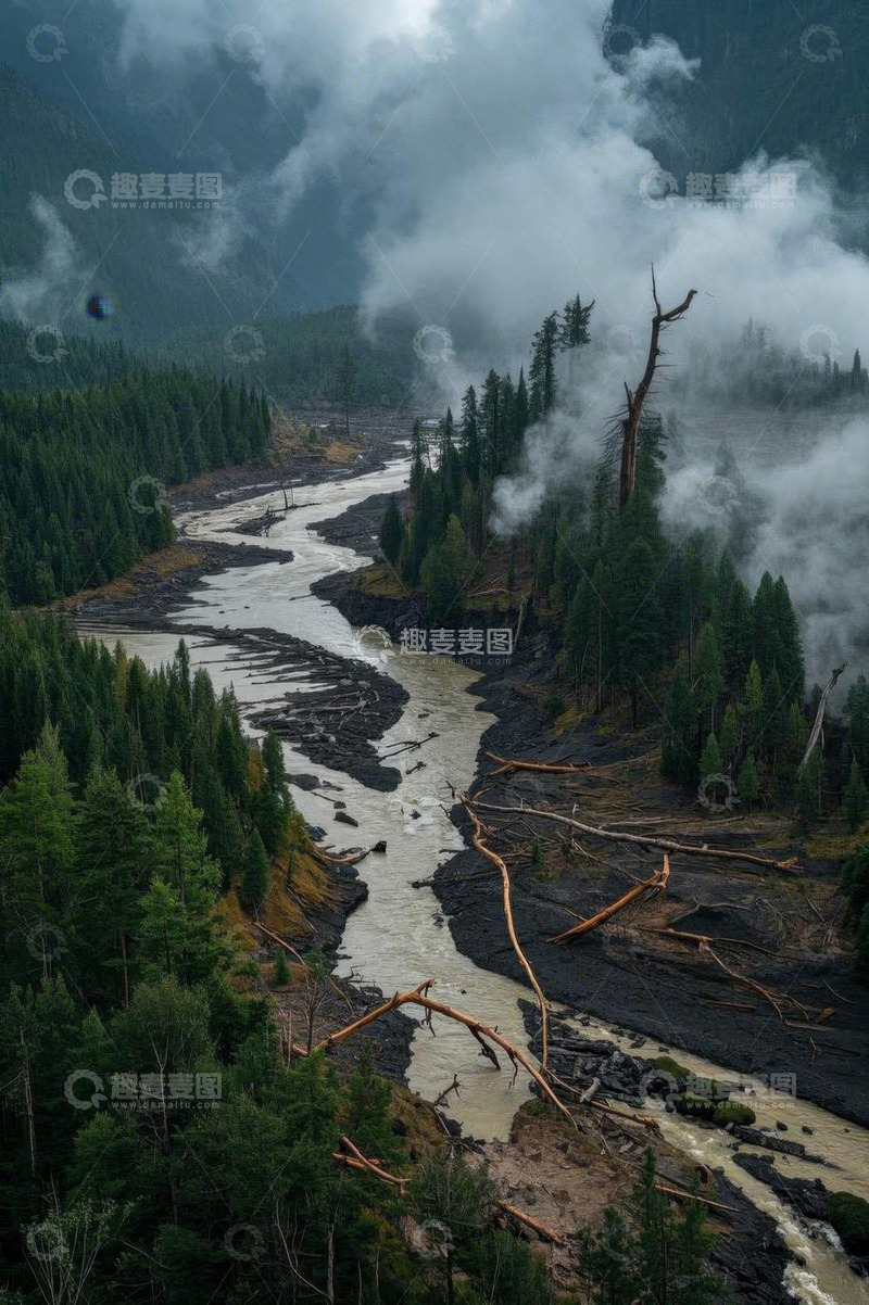 高清大图下载【趣麦麦图】森林河流云雾缭绕景象