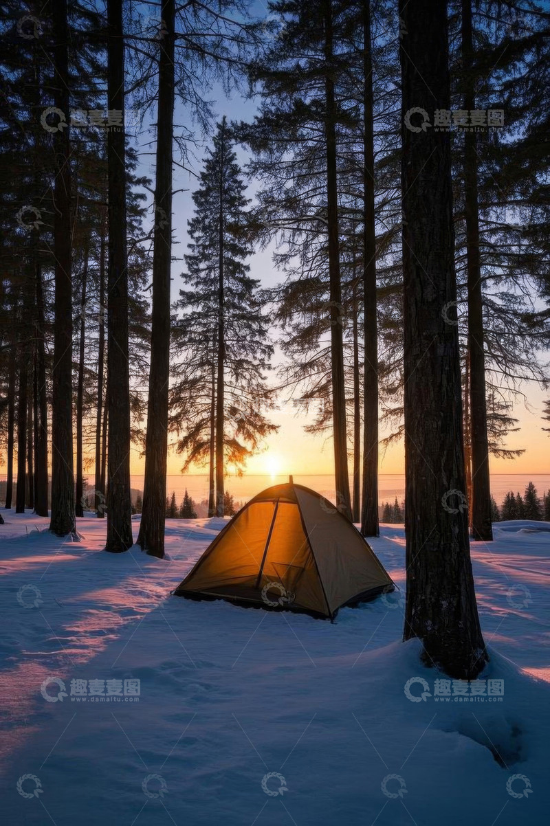 高清大图下载【趣麦麦图】雪地森林中的露营帐篷