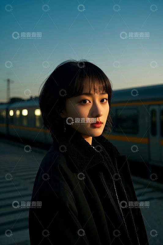 夕阳下火车站女孩侧影