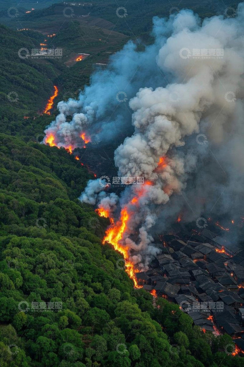 高清大图下载【趣麦麦图】山林与村落火灾航拍景象