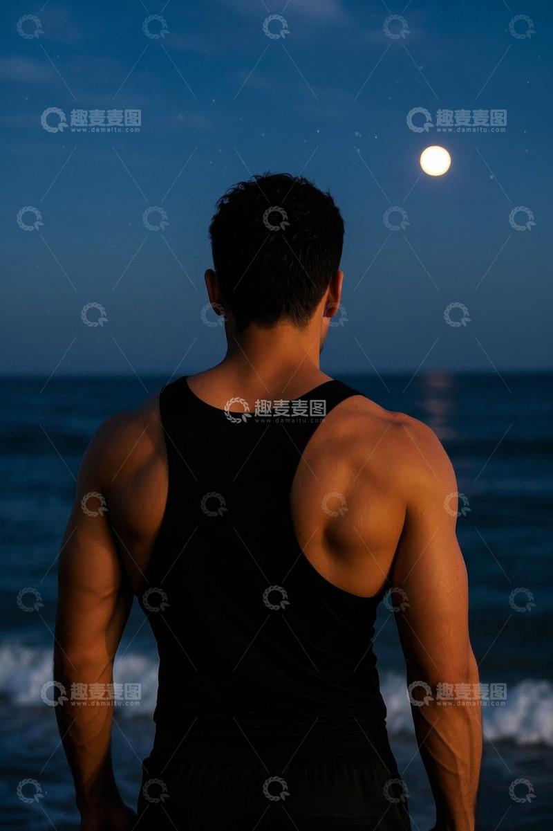 高清大图下载【趣麦麦图】夜色海边肌肉男背影
