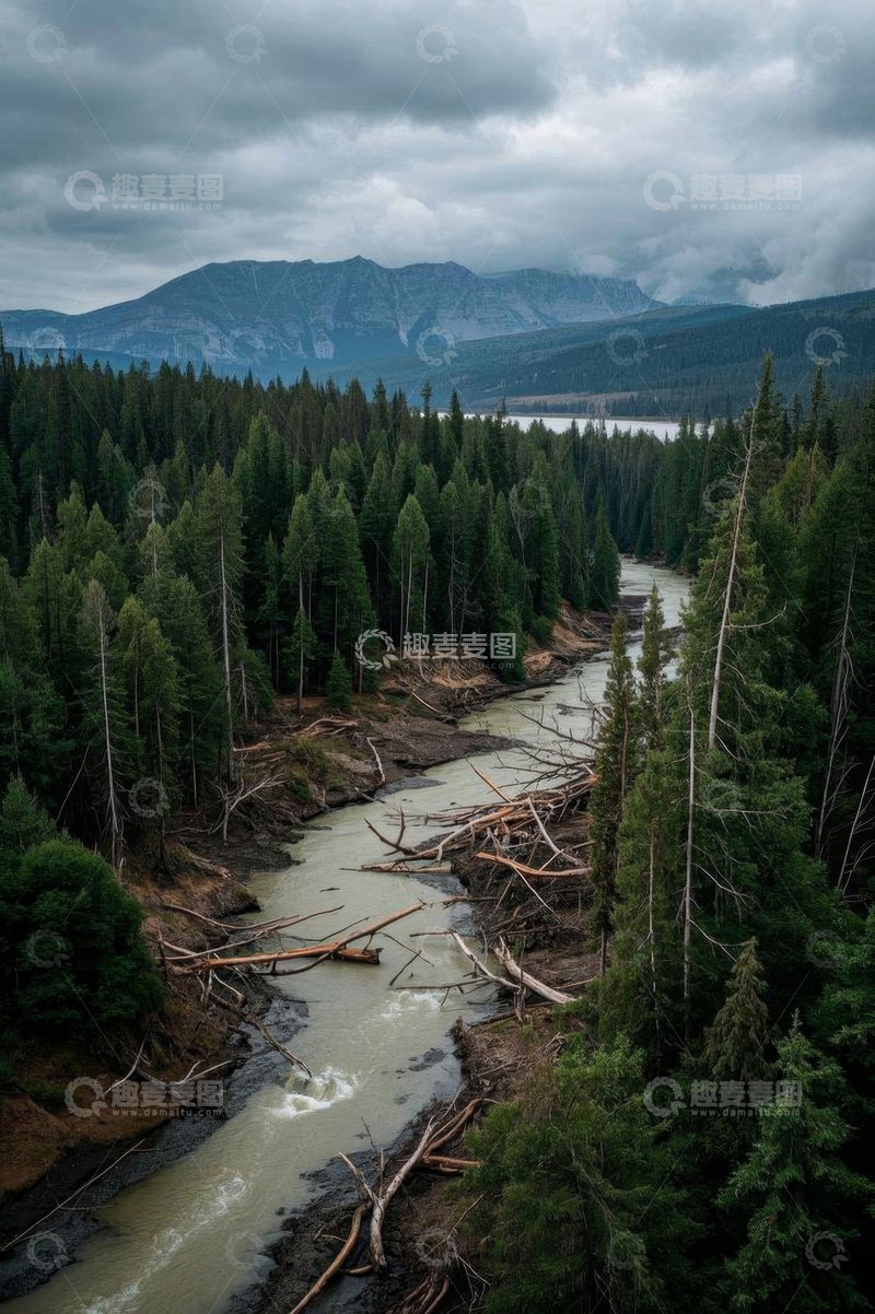 高清大图下载【趣麦麦图】森林河流与远处山峦景观