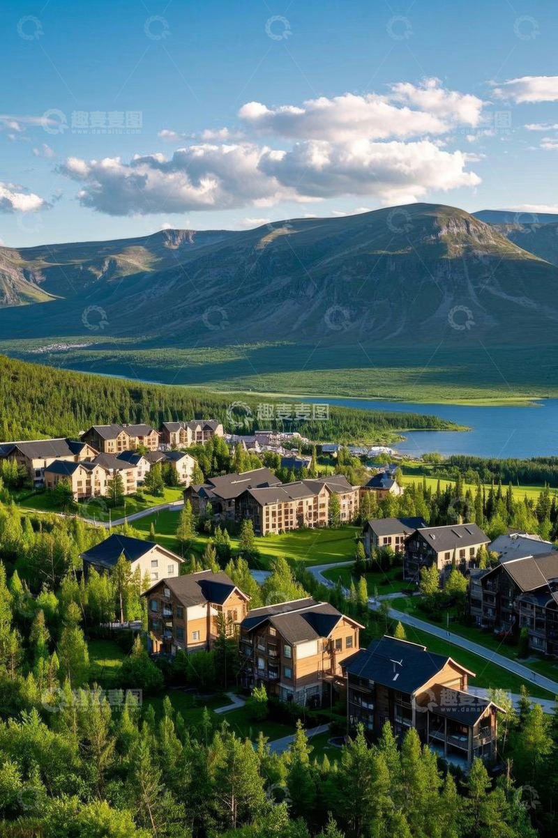 高清大图下载【趣麦麦图】山间湖畔住宅区俯瞰
