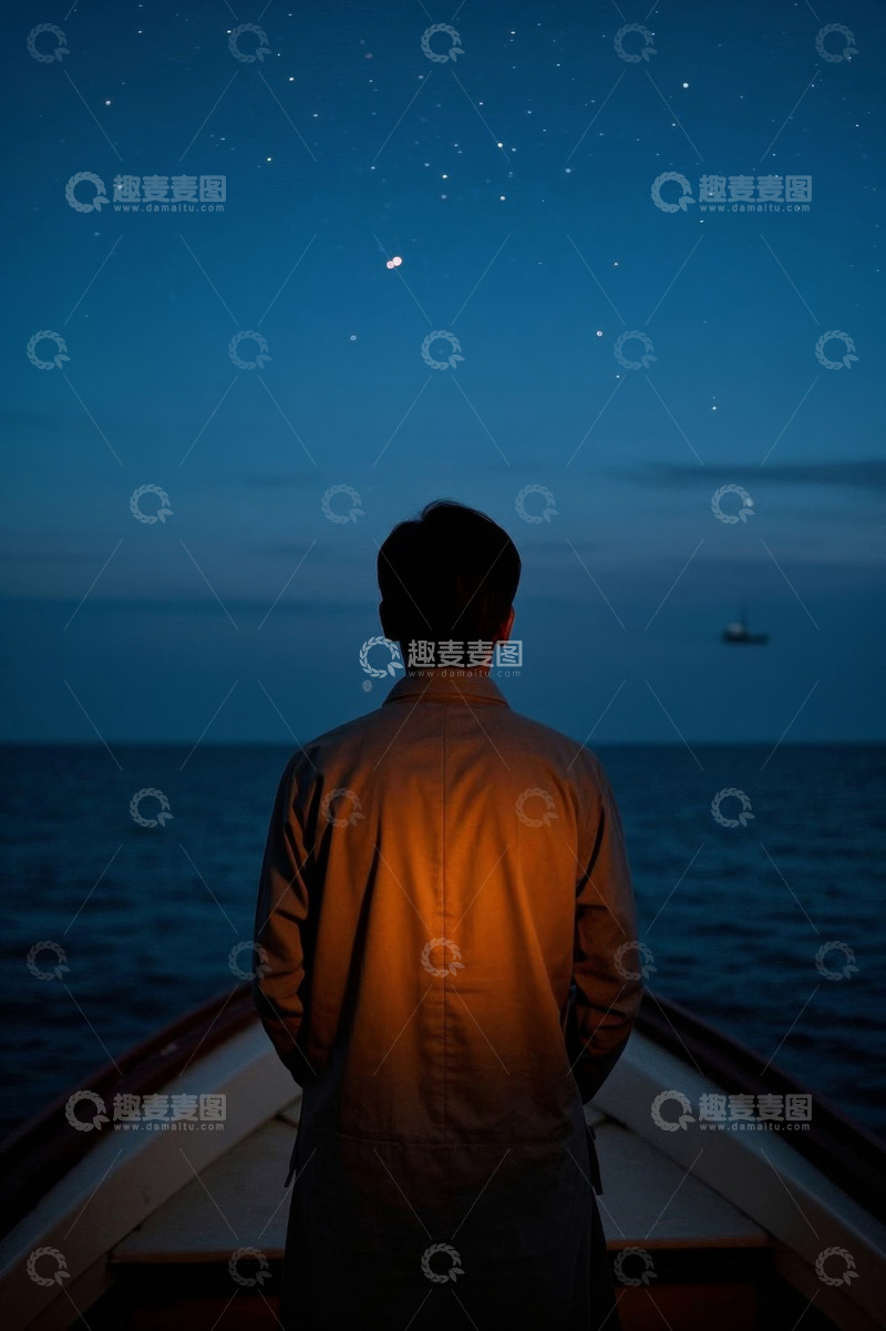 高清大图下载【趣麦麦图】夜幕下独自一人在船上远眺