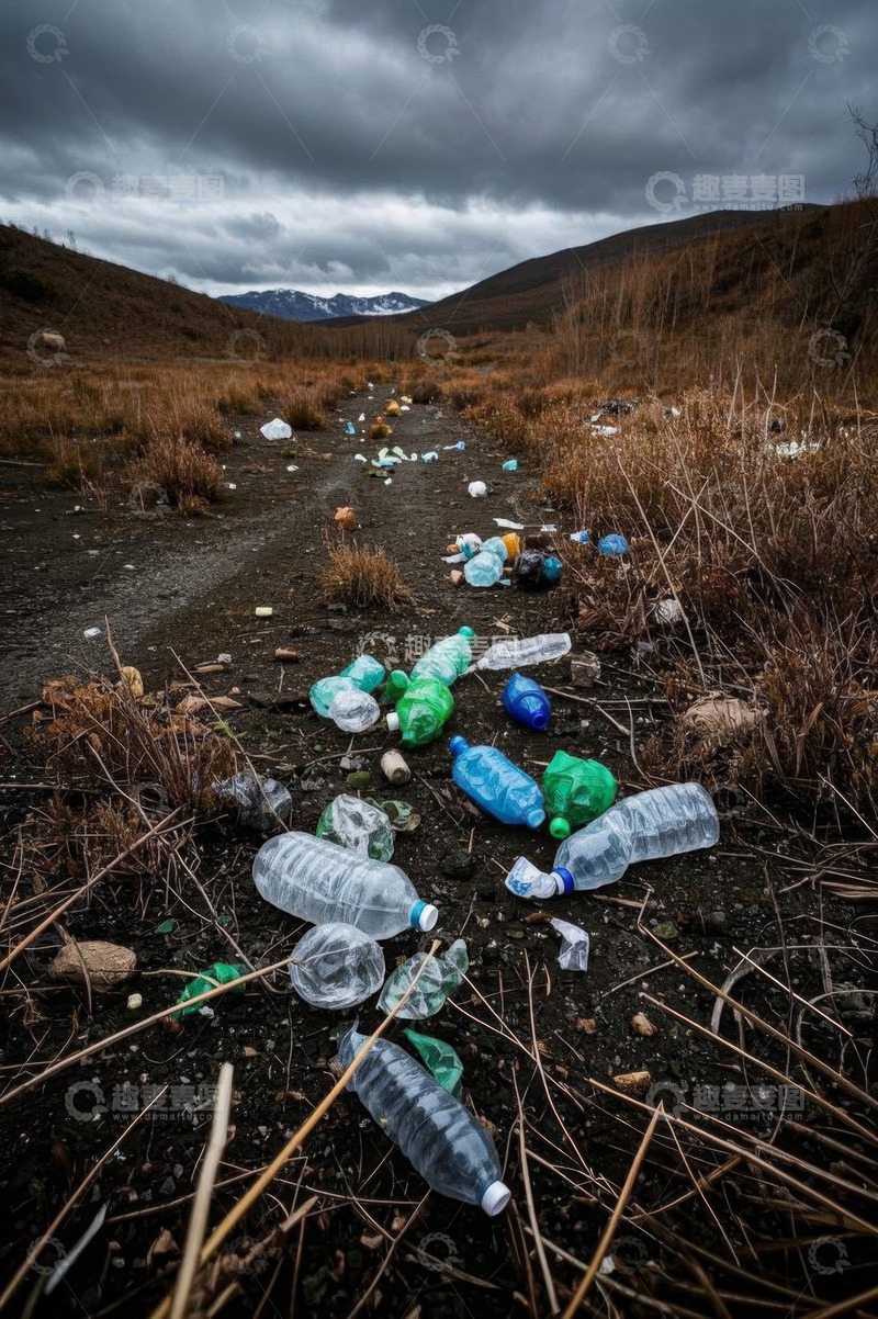 高清大图下载【趣麦麦图】荒野中散落的塑料瓶垃圾