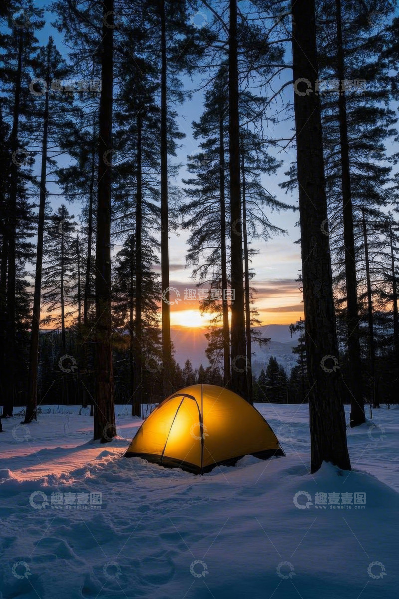 高清大图下载【趣麦麦图】雪地森林中的露营帐篷