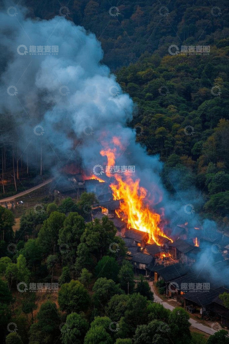 高清大图下载【趣麦麦图】村庄森林火灾航拍景象
