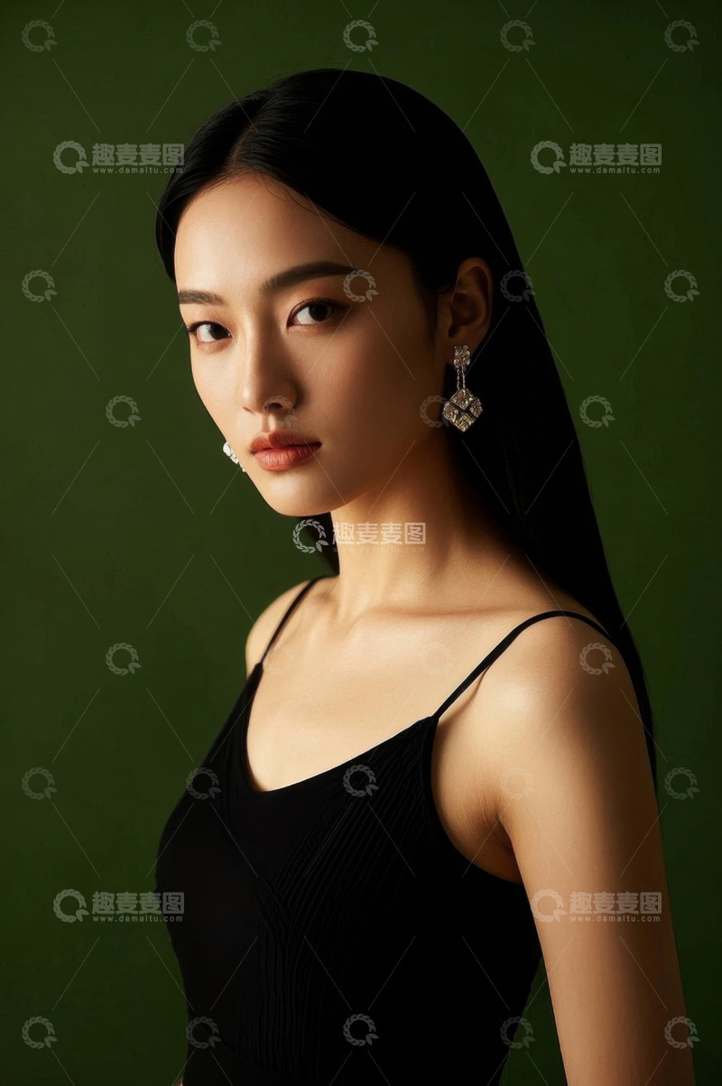 高清大图下载【趣麦麦图】时尚美女写真绿背景肖像照