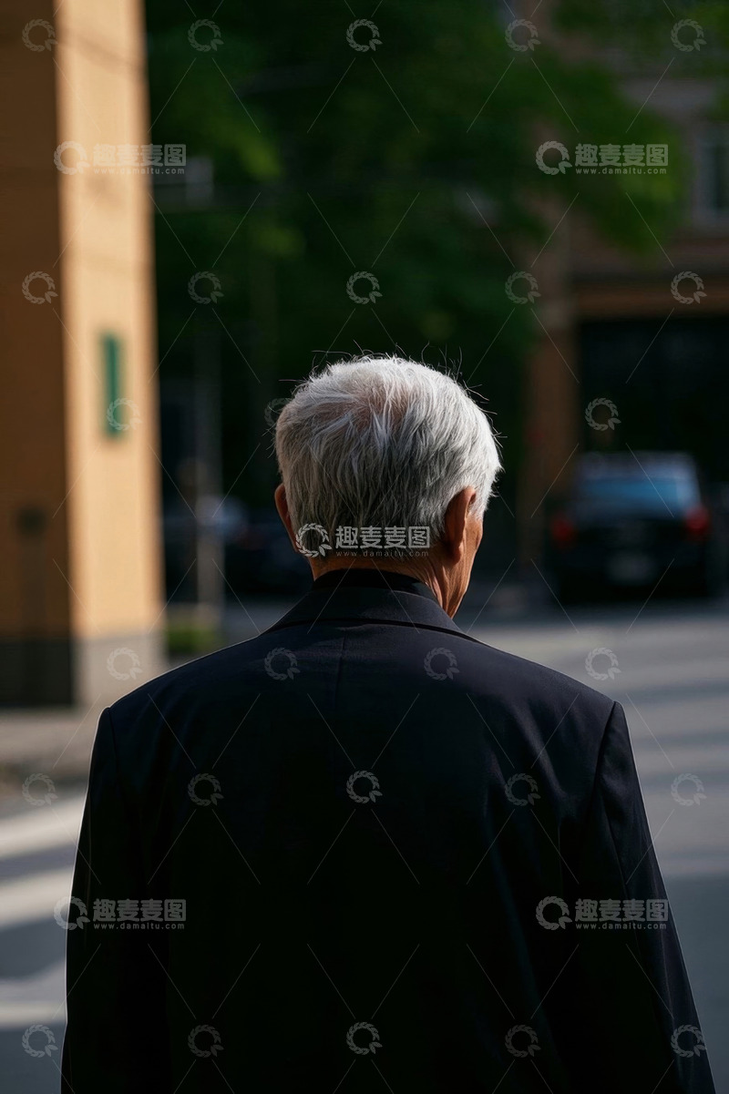 高清大图下载【趣麦麦图】背影中的白发老者行走在街道