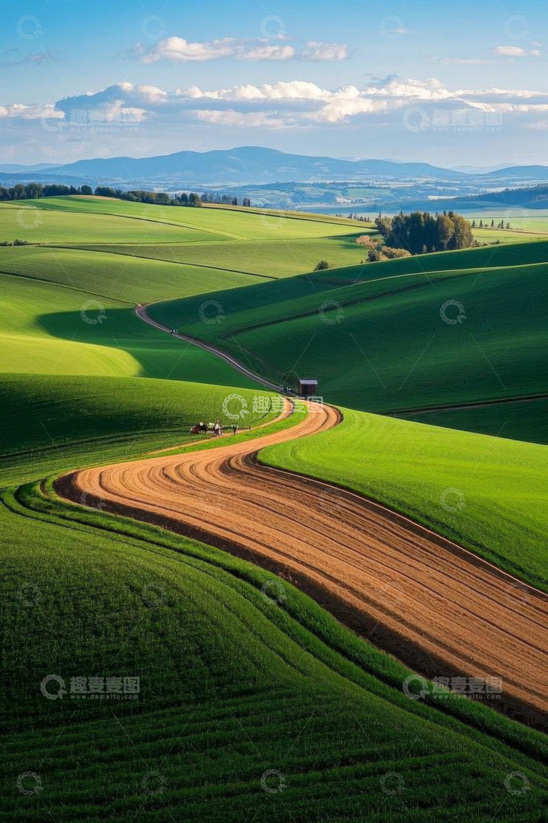高清大图下载【趣麦麦图】绿色田野中的蜿蜒道路