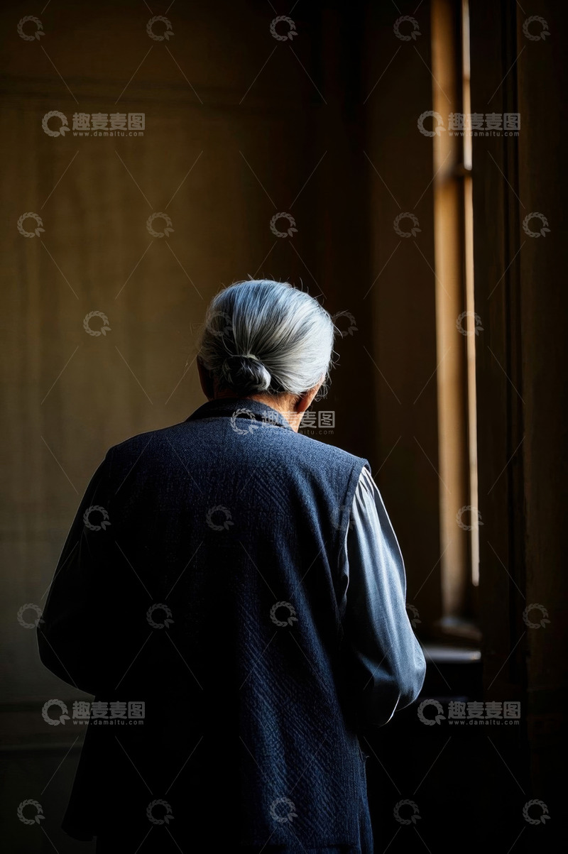 高清大图下载【趣麦麦图】背影中一位年迈女性伫立窗边
