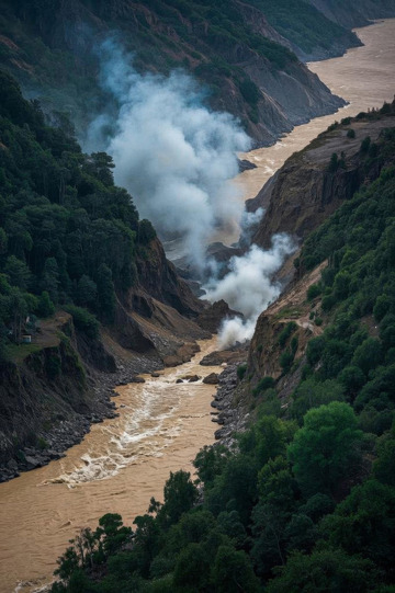 峡谷河流烟雾缭绕景观