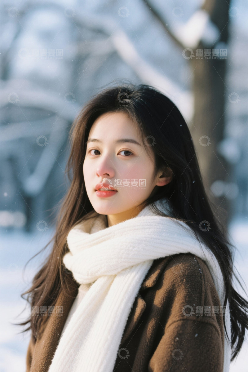 高清大图下载【趣麦麦图】冬日雪景中一位美丽的年轻女子