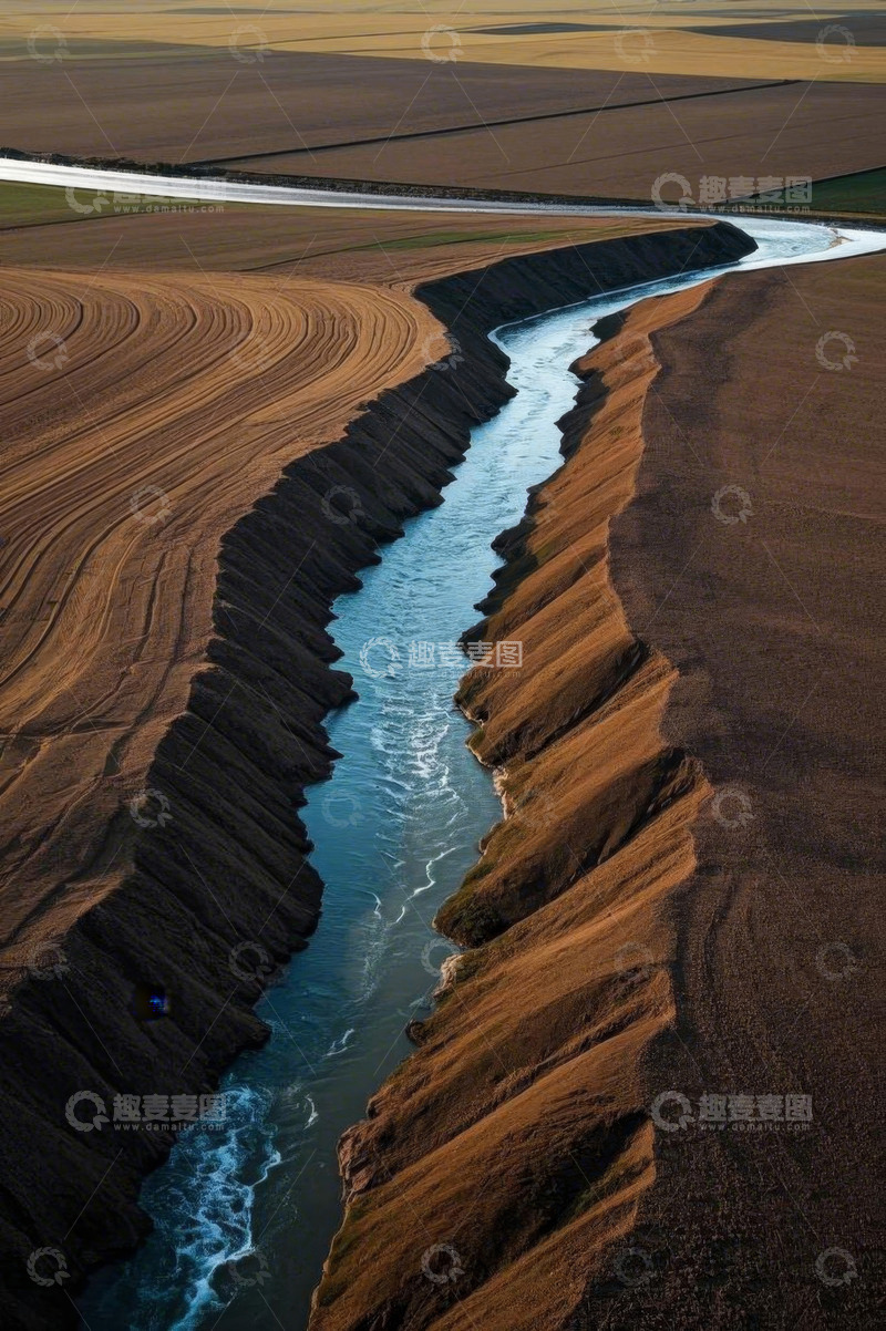 高清大图下载【趣麦麦图】航拍田野间蜿蜒河流景观