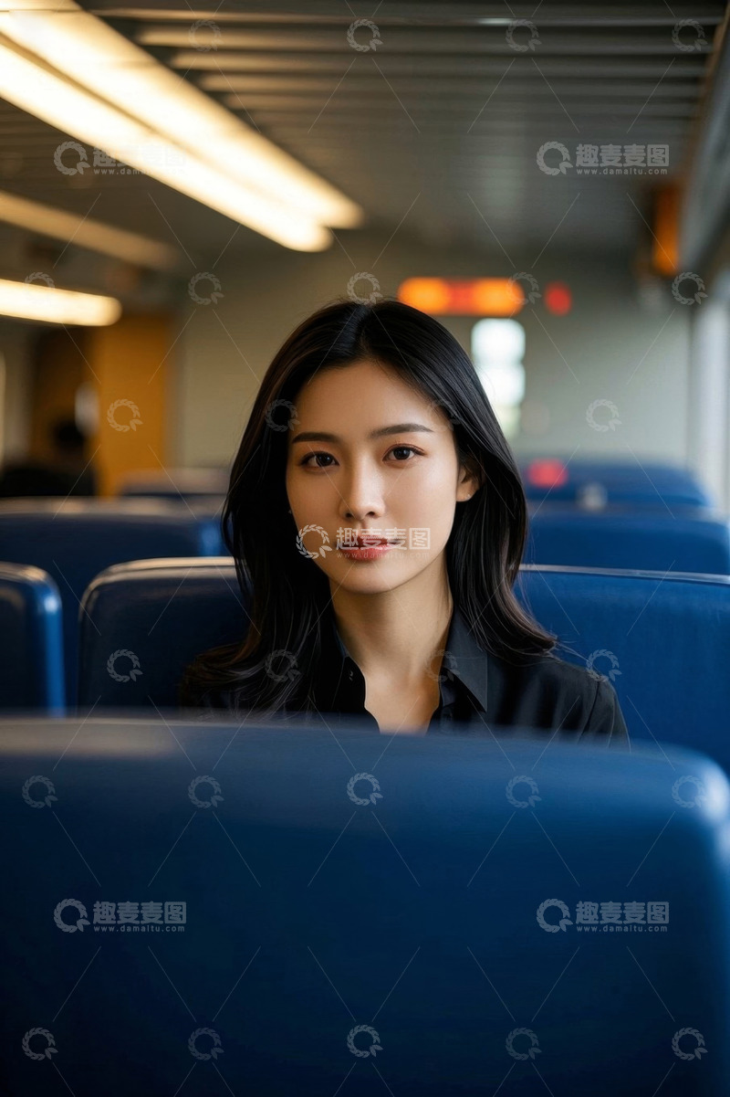 高清大图下载【趣麦麦图】年轻女子乘坐公共交通工具