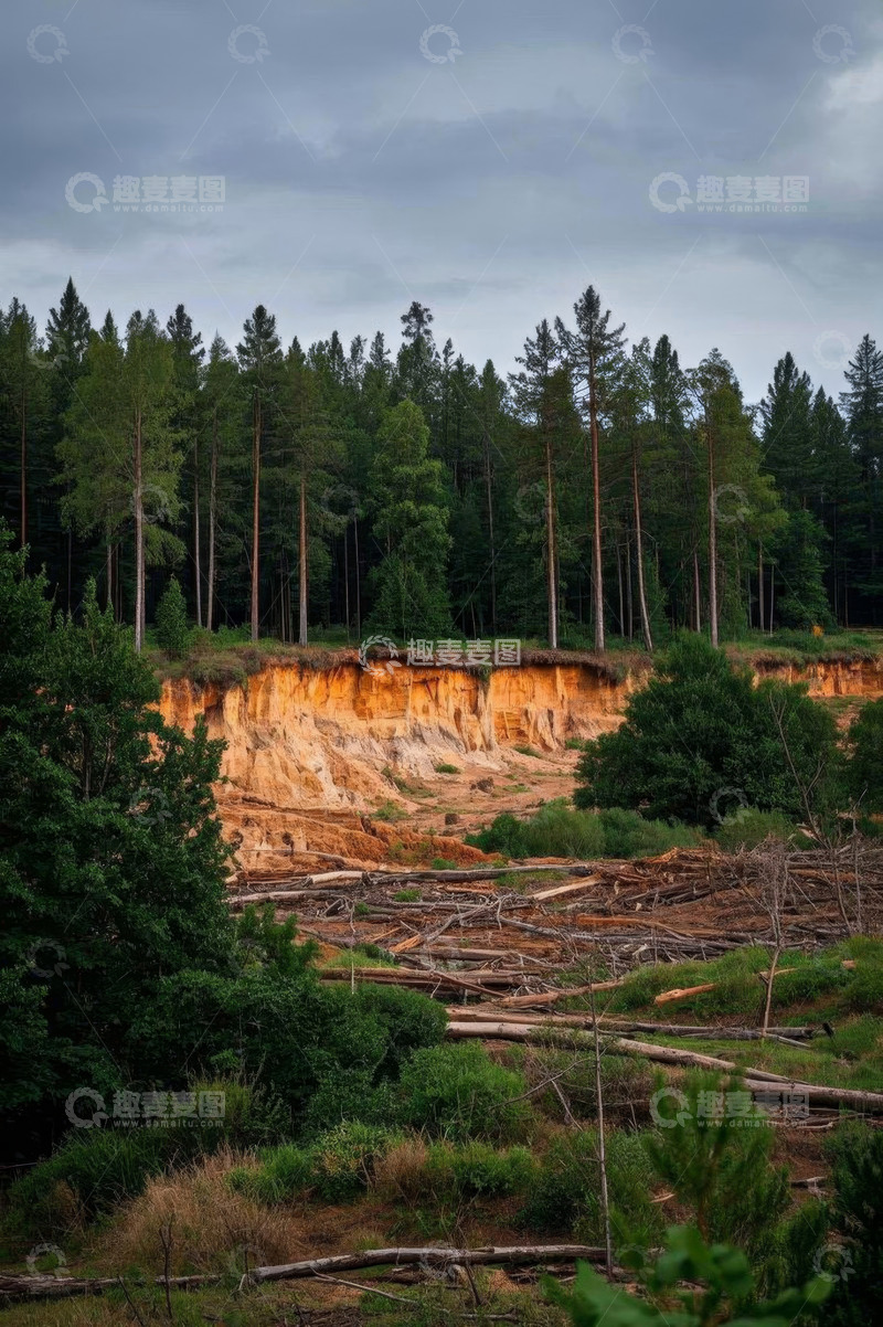 高清大图下载【趣麦麦图】森林边缘土坡与倒伏树木景观