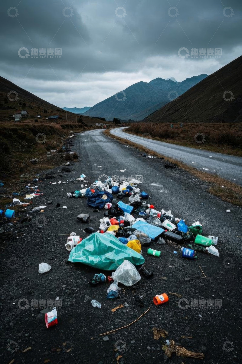 高清大图下载【趣麦麦图】山间公路上的垃圾堆积场景