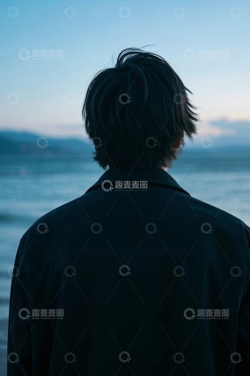 高清大图下载【趣麦麦图】背影男子眺望大海落日