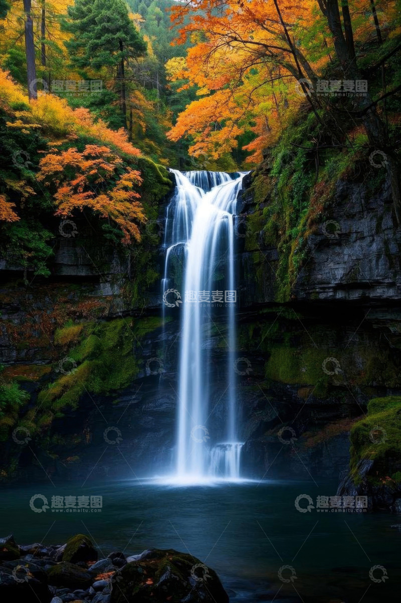 高清大图下载【趣麦麦图】秋季森林中的瀑布景观