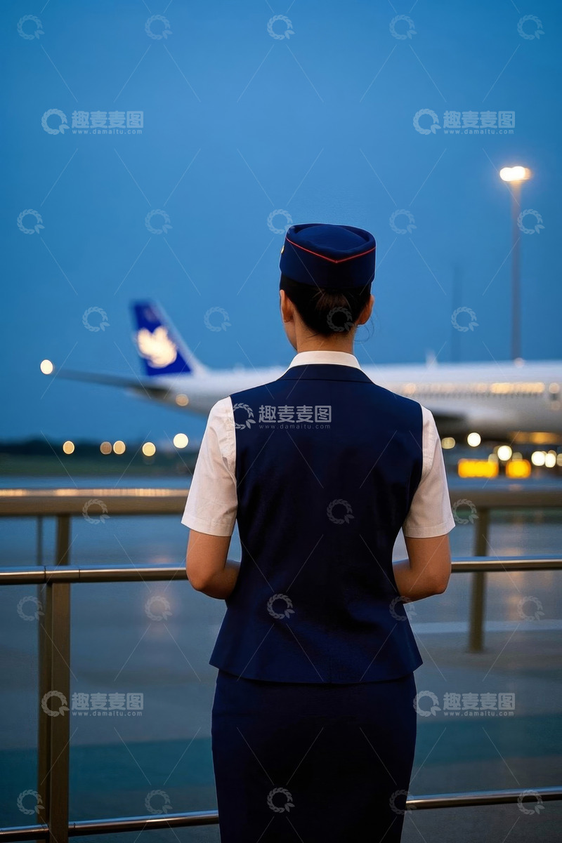 高清大图下载【趣麦麦图】傍晚机场空姐背影剪影