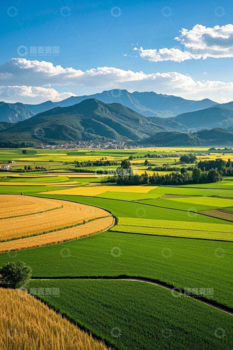高清大图下载【趣麦麦图】田野风光与远处山峦景色