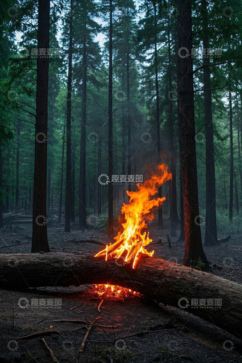 高清大图下载【趣麦麦图】森林中燃烧的篝火场景