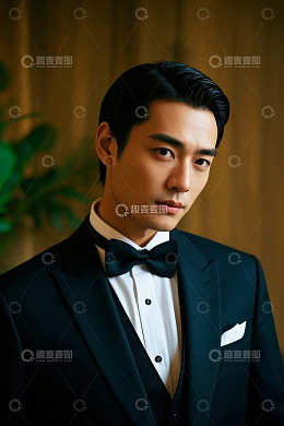 穿着黑色西装的英俊亚洲男士