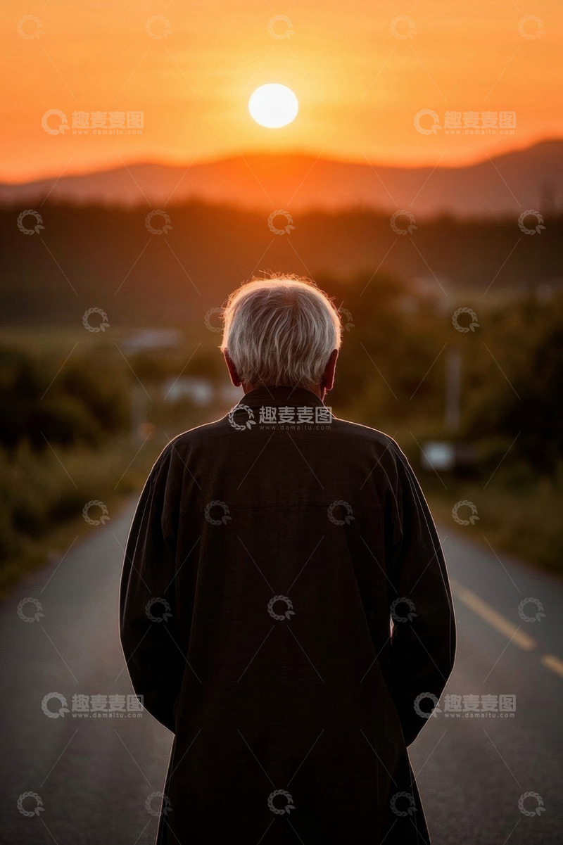 高清大图下载【趣麦麦图】夕阳下孤独的老人背影