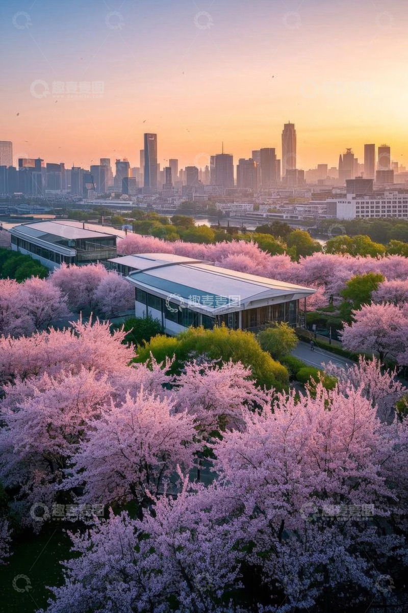 高清大图下载【趣麦麦图】城市樱花景观鸟瞰全景