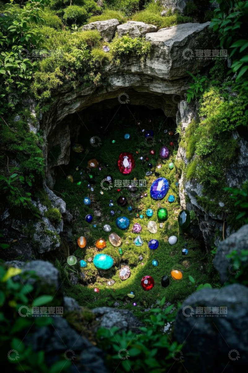 高清大图下载【趣麦麦图】山洞内散落的彩色宝石