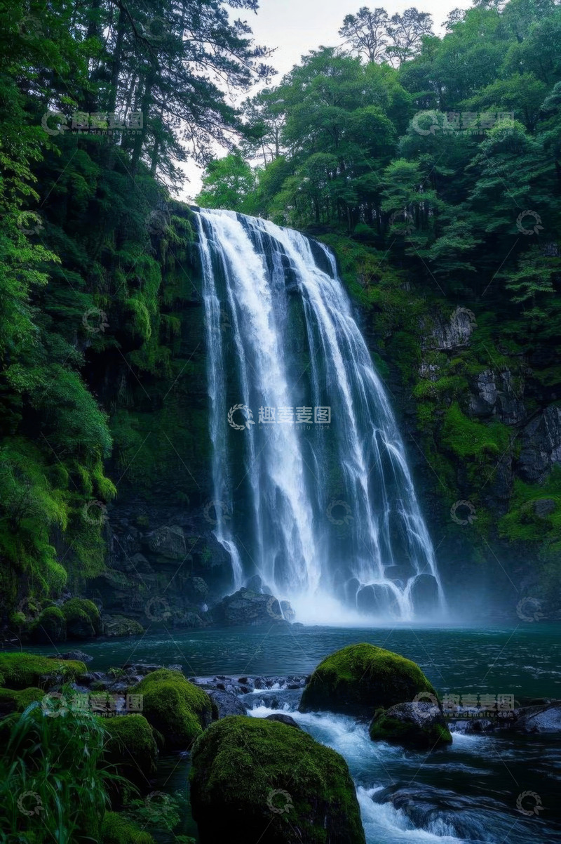 高清大图下载【趣麦麦图】森林中的瀑布自然景观